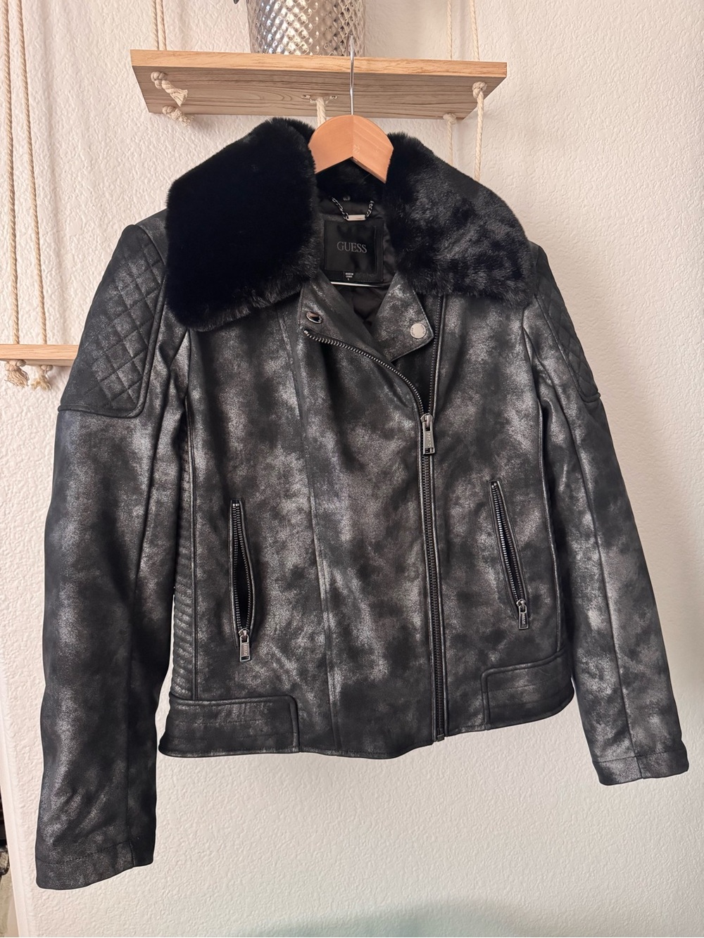 GUESS Black Faux-Fur Collar Distressed Moto Jacket